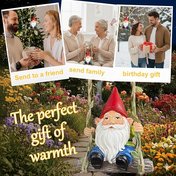 Garden Gnome on Swing Statue Decoration, Funny Resin Dwarf Sculpture for Lawn Patio Climbing Tree Decor Outdoor, Gifts for Mom Women and Man (Gnome-C)