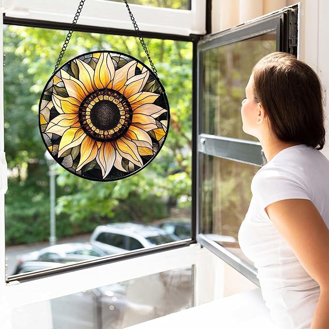 Stained Glass Window Hanging - Sunflower Suncatcher for Door Garden Patio Retro Flower Sun Catchers Decor Christmas Mother's Day Birthday Gifts for Women Mom Nana Friend Wife 11.8 in