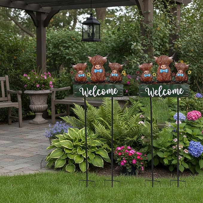 43.3inch Highland Cow Yard Stakes for Decorations Outdoor, Vintage Farmhouse Decorative Garden Stakes Large Metal Yard Art with Welcome Sign