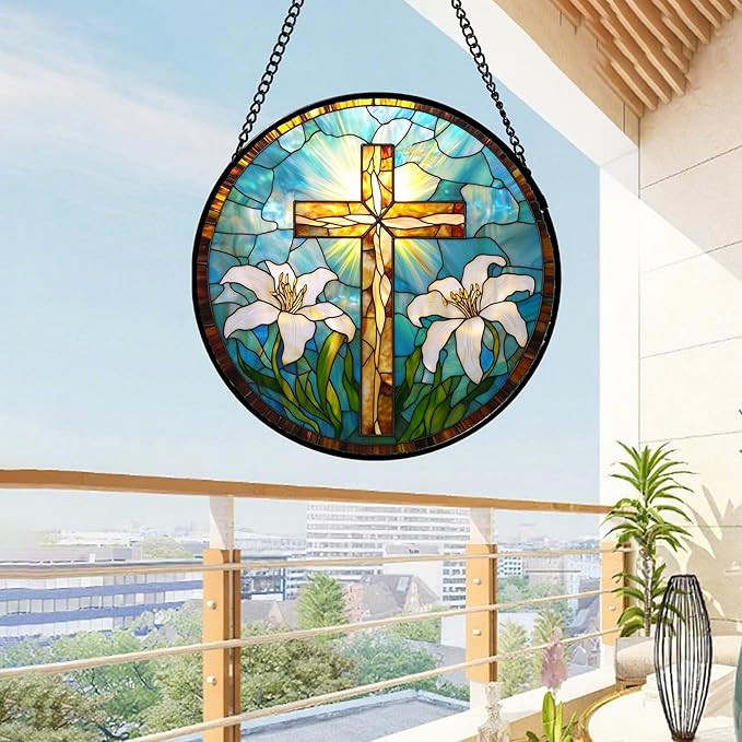 JOSUMALY Christian Gifts for Women - Cross Stained Glass Window Hanging Jesus Easter White Lily Flower Sun Catcher Garden Religion Decor Mother's Day Catholic Gift for Men Grandma Mom Her Nana 6.3"