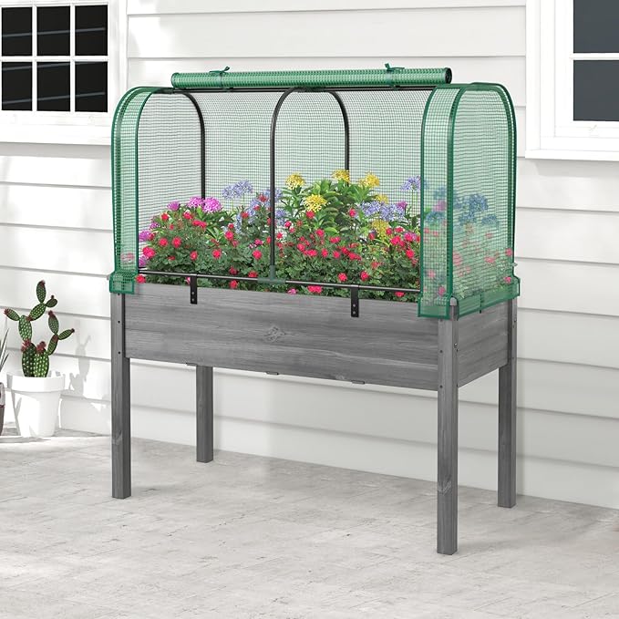 Toolsempire Raised Garden Bed with Greenhouse, Waterproof Sun-Protective Green House with Roll-Up Door & Electroplated Metal Frame, Fir Wood Elevated Planter Box with Drainage Holes(Green+Gray)