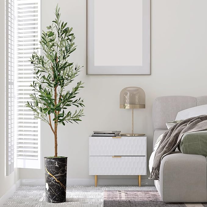 Artificial Tree in Granite Effect Planter, Fake Olive Tree for Indoor and Outdoor Home Decoration - 68" Overall Tall (Plant Pot Plus Tree)