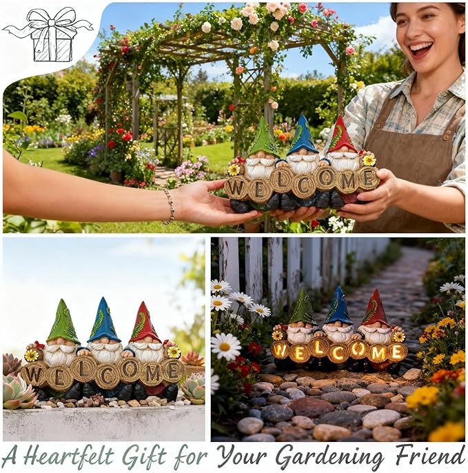 Garden Gnomes Solar Powered Welcome Statue, Outdoor Patio Yard and Garden Decor, Durable Resin, Perfect as, Unique Gifts for Women, Gifts for Grandkids and mom