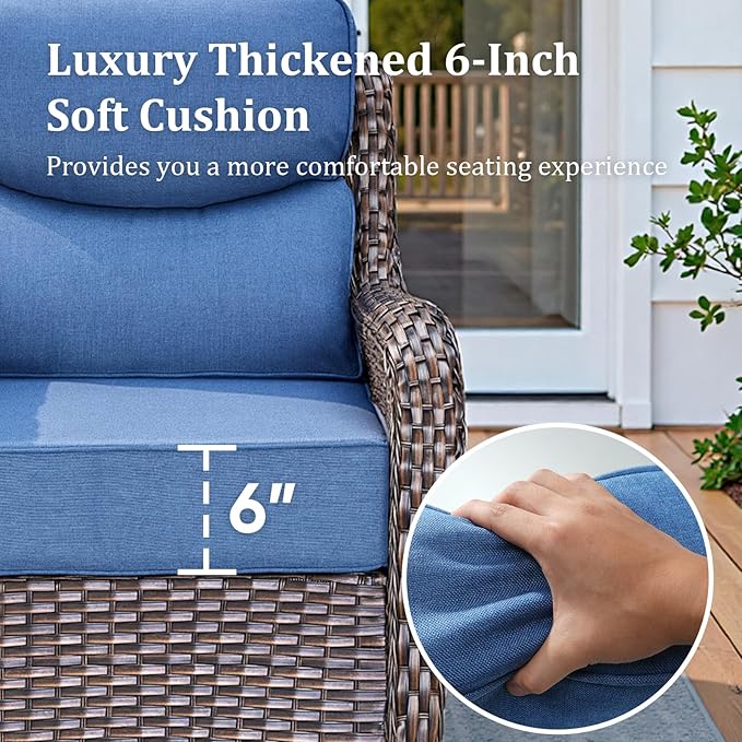 Luxury High Back Patio Furniture Set with 6-Inch Thick Cushions, 6-Pieces Outdoor Furniture with Swivel Chairs &Side Table, Wicker Conversation Set for Porch, Balcony, Deck and Yard, Brown/Blue