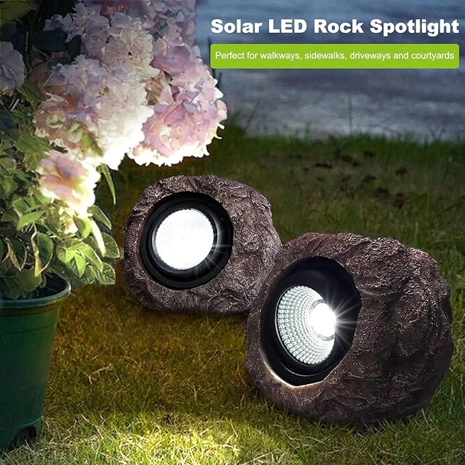 Solar Garden Rock Lights Outdoor - IP65 LED Waterproof Solar Spotlight, Decorative Garden Stone Lights for Pathway, Walkway, Yard, Patio (2 Pack)