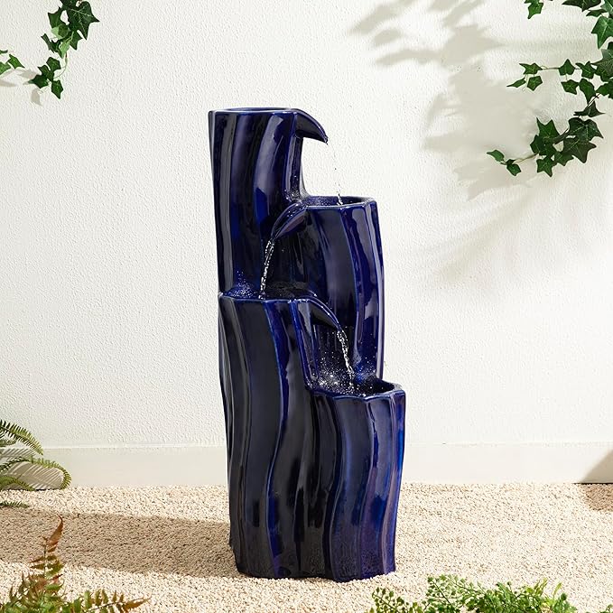 Glitzhome 30" Tall Outdoor Water Fountain with LED Light, Pump & Adapter, 4-Tier Cobalt Blue Wavy Texture Ceramic Cascading Garden Fountains Waterfalls for Porch Deck Patio Backyard