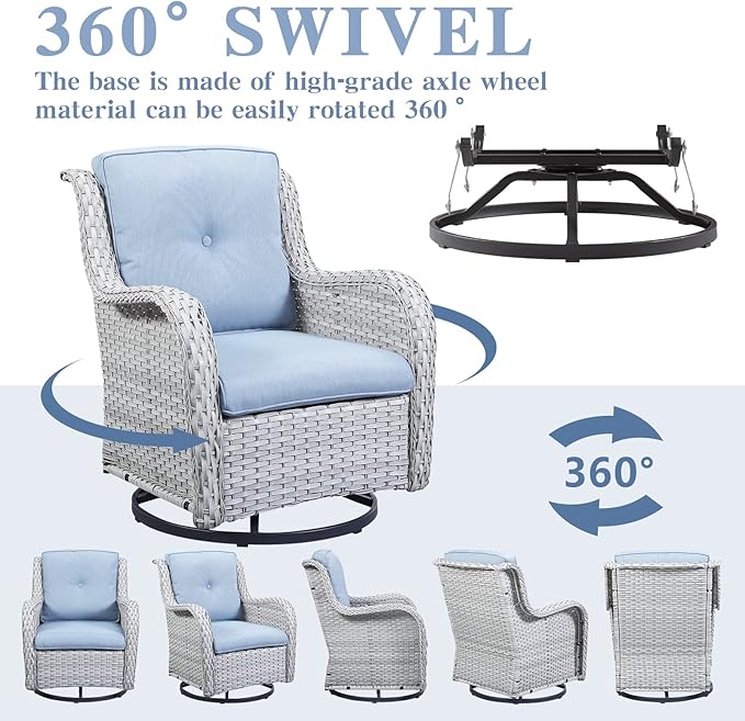 Belord Wicker Patio Furniture Sets - 8 Piece Outdoor Rattan Furniture Conversation Sets with 4 Swivel Rocker Chairs, Outdoor Sofa, Wicker Ottomans and Coffee Table, Light Grey/Baby Blue