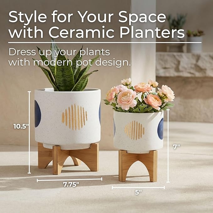 Ceramic Planter Set with Bamboo Stand – Plant Stand Indoor For Everyday Greenery, Living Room or Patio, Geometric Design Planter with Stand For Sculptural Home Decor Display – 11" 7", White