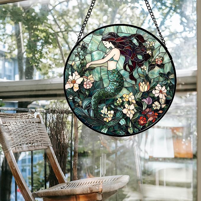 JOSUMALY Stained Glass Window Hanging - Teal Sleeping Mermaid Suncatcher for Door Terrace Garden Home Decor, Sea of Flowers Sun Catcher Birthday Gifts for Lovers Women Men Dad Mom Nana 11.8 in