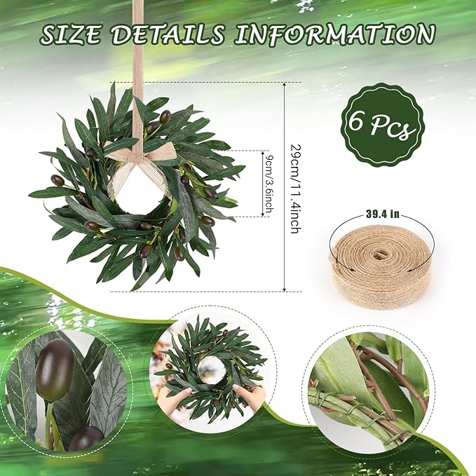 6 Pcs Artificial Green Olive Wreaths Greenery Wreath with Olive Leaves Mini Green Kitchen Cabinet Wreaths Swag Spring Summer Wreath for Front Door Porch Wall Window Farmhouse Wedding Decoration