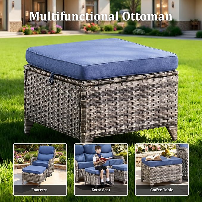 Luxury High Back Patio Furniture Set with 6-Inch Thick Cushions, 5-Pieces Outdoor Furniture with Swivel Chairs, Wicker Conversation Set for Porch, Balcony, Deck and Yard, Grey/Blue