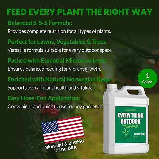 Humboldts Secret Everything Outdoor Plant Food | 5-5-5 Liquid Fertilizer with Norwegian Kelp | All Purpose Lawn, Vegetable & Fruit Food | Garden Nutrients | Refillable Hose End Bottle | 1 Gallon