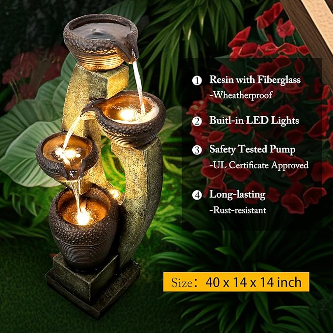 40” H Modern Outdoor Fountain - 4 Crocks Outdoor Garden Fountains with Contemporary Design for Garden, Patio, Deck, Porch, Backyard and Home Art Decor