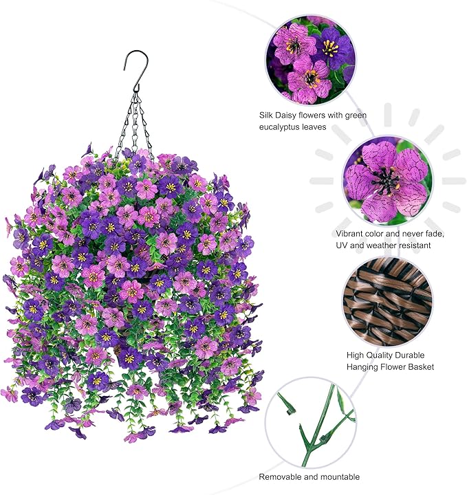 HyeFlora Artificial Hanging Flowers Basket for Outdoor, Fake Flowers Faux Plants Look Real for Yard Gardens Porch Patio Home (Darkpurple+Purple)