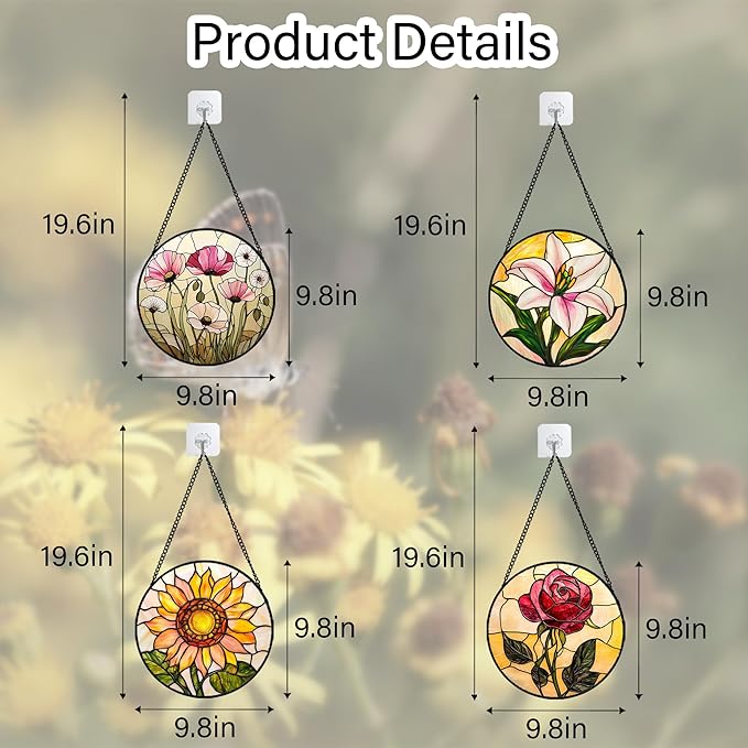 AMDERVEN Stained Glass Window Hanging 4 Pcs Set Lily Rose Sunflower Poppy 9.8" - Flower Suncatcher Door Garden Sun Catcher Decor Birthday Mother's Day for Wife Woman Nana Girl