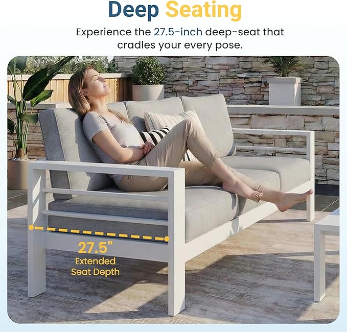 Wisteria Lane Aluminum Patio Furniture Set for All Weather, Oversized Metal Outdoor Furniture Set with 27.5" Deep Seat and 10" Back Cushion, Patio Conversation Sets with Wide armrest, White
