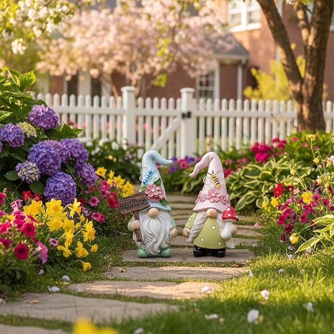 Cute 2 PCS Gnomes Statues Decor, Resin Figurines and Sculpture Décor, for Indoor Outdoor Yard Lawn Garden Home Patio Farmhouse Kitchen Table Decoration(Welcome Sign and Mushroom)