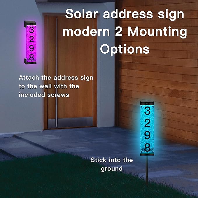 Solar House Numbers for Outside,LED Illuminated Outdoor Solar Address Sign, Acrylics Solar Address Sign with Iron Stakes,Lighted Modern Address Plaque Solar Powered for Street Yard Home（2PCS）