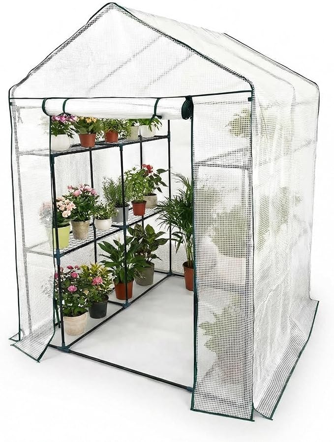 Walk-in Greenhouse for Outdoors, Small Green House Outdoor with 3-Tier Shelves, Roll-Up Zippered Door & Mesh Window, All-Season Plant House for Vegetables Herbs Flowers for Patio Backyard Gardening