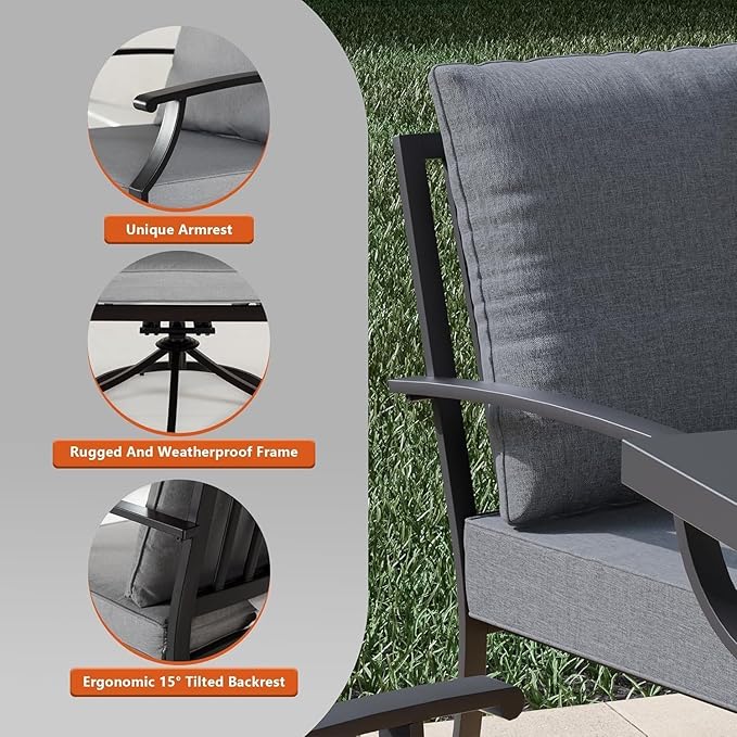 7-Piece Patio Furniture Set, Outdoor Furniture with All-Iron Rectangular Coffee Table and 6 Chairs with Thick Cushions, Metal Patio Table and Chairs Set for lawns, Patios and Backyards,Grey.