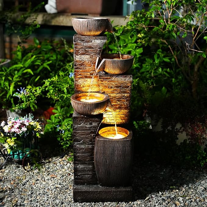 Water Fountain Outdoor Garden,38.2" Tall Modern Freestanding 4 Tiers Indoor Waterfall Fountain with LED Lights for Patio, Balconies, Lawns, Deck, Porch Backyard and Home