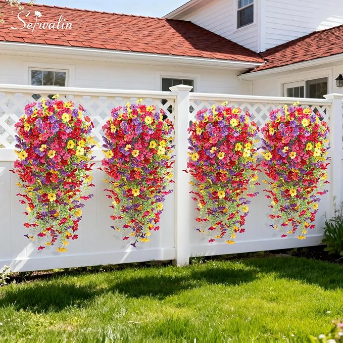 Serwalin 12PCS Artificial Fall Flowers for Outdoors Decoration, Realistic Silk Artificial Fall Hanging Flowers for Patio, Garden, Porch, Window, Outside (Spring Color,12PCS)