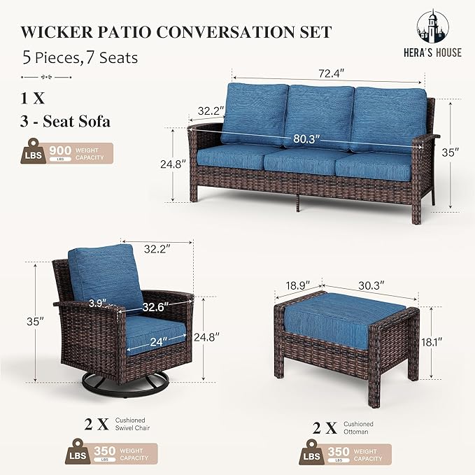 HERA'S HOUSE Patio Furniture Set, 5 Pieces Outdoor Seating Furniture, 35" High Back Swivel Chairs with 5.5" Thick Cushions, Brown Wicker Rattan Conversation Set with Ottomans for Deck Lawn Yard, Blue