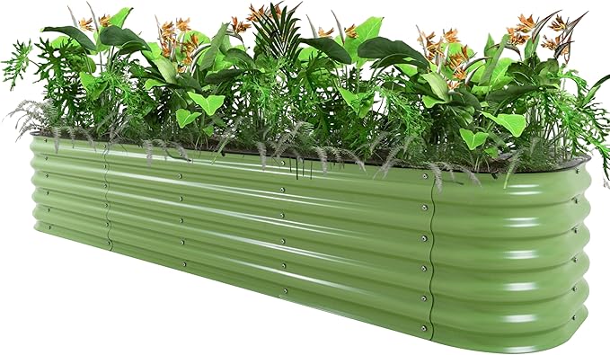 VASGOR 17" Tall Metal Raised Garden Bed, 9-in-1 Modular Design, 8ft x 2ft Aluzinc Planter Box for Vegetables, Herbs & Flowers, Heavy-Duty Anti-Rust Open-Bottom Raised Beds for Gardening (Olive Green)