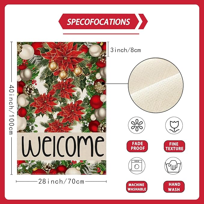 Welcome Christmas Bells Poinsettias Pine Trees Xmas Winter House Flag Large 28X40 Inch Big Vertical Double Sided Yard Outdoor Outside Holiday Decoration