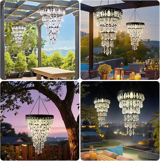 Solar Hanging Acrylic Crystal Chandelier Outdoor Garden Decorative Lights a Bright Warm LED and 5ft LED Strip Weatherproof Tree Hanging Lantern for Valentine Gifts Garden Gazebo, Party, Wedding 6 Tier