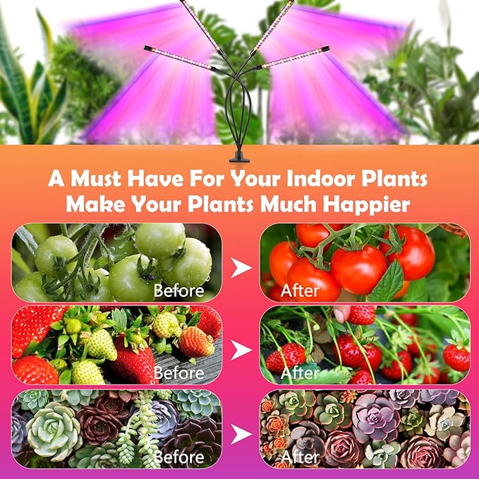 Grow Lights for Indoor Plants,80 LED Plant Lights with Full Spectrum & Red Blue Spectrum, 10 Dimmable Level, 3/9/12H Timer,3 Switch Modes, Adjustable Gooseneck,4 Heads Clip-On