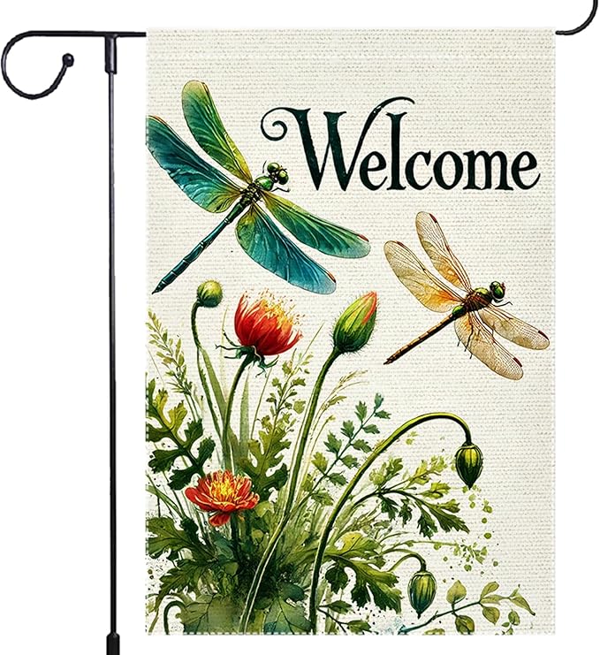 Hello Spring Summer Tulip Dragonfly Garden Flag 12x18 Inch Double Sided Burlap Seasonal Wildflowers Outdoor Lawn Rustic Farmhouse Home Yard Flags Decor