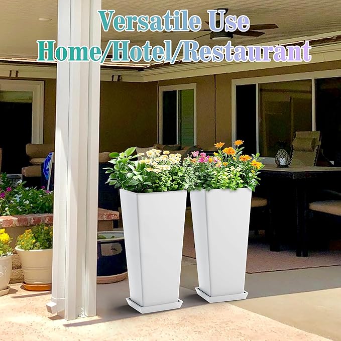 TUYOHW 24 Inch Tall Tapered Square Planters (Set of 2) - Indoor Outdoor Large Flower Pots with Built-in Drainage & Matching Water Tray for Patio, Garden, Home - White