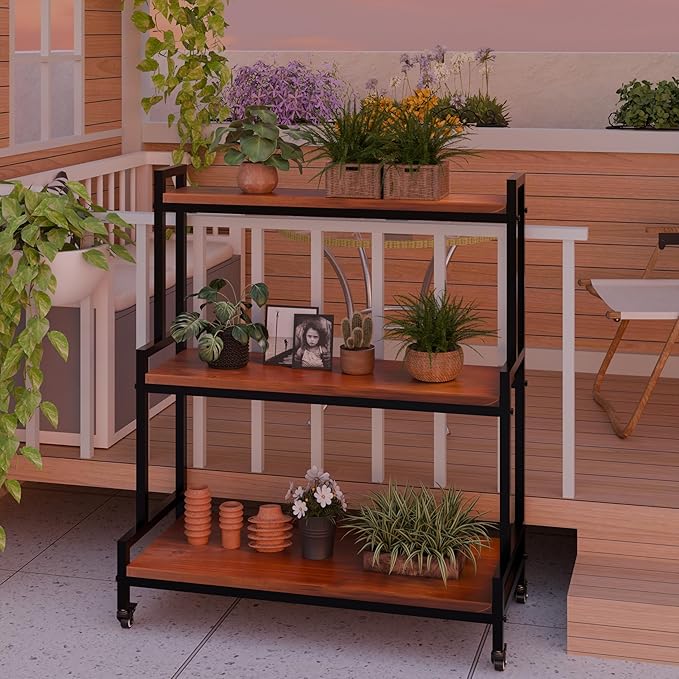 YCCO Plant Stand Indoor with Wheels 37” H, Rolling Plant Shelf Rack Outdoor,Metal Plant Stand with Solid Wood for Multiple Plants,Industrial Ladder Plant Flower Shelf for Garden,Living Room,Walnut
