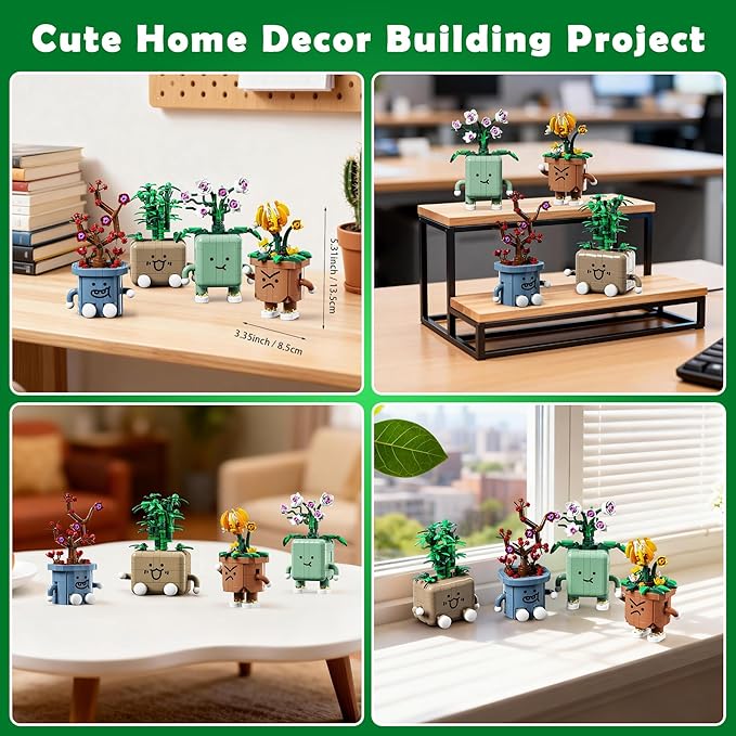 BeepZipp 4-Pot Interchangeable Botanicals Building Kit - Creative Spinning Plant Building Toys with DIY Faces, Mini Desk Decor & Fun Gift for Teens Adults (Orchid, Bamboo, Plum, Chrysanthemum)
