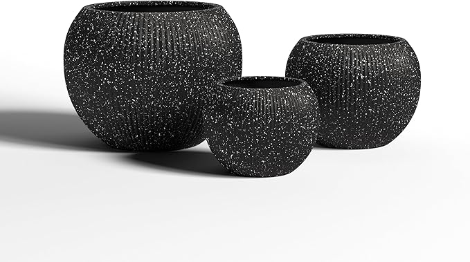 DTY Signature Mount Sherman 12.6''D x 9.8''H Modern Indoor Outdoor Fiberstone Sphere Planter, Durable Round Garden Pot, Weather Resistant, Drainage Hole & Rubber Plug (Ribbed Black, Small)