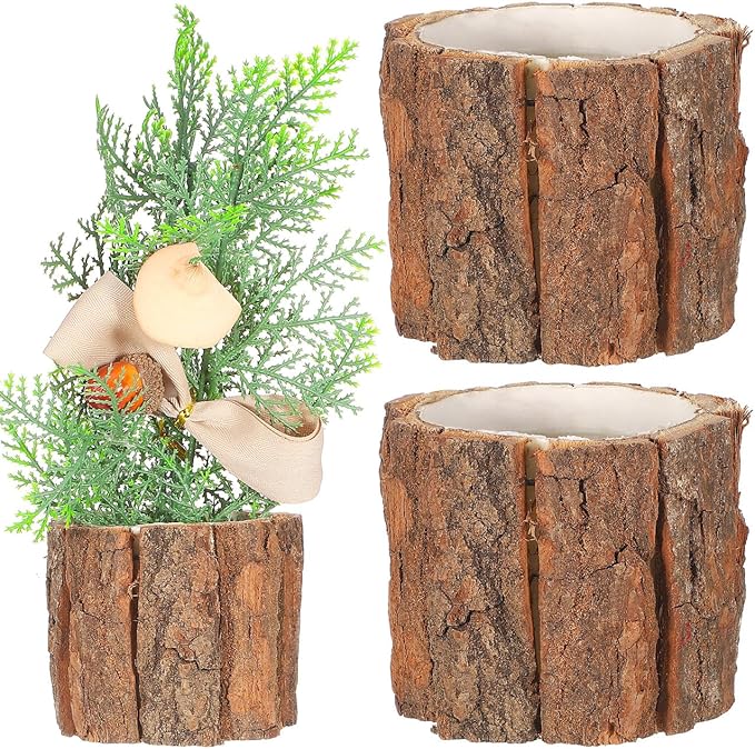 Housoutil 3PCS Wooden Bark Flower Pots, Rustic Farmhouse Planters, Light Brown Log Plant Containers, 3.54x3.54x3.14 Inch, Ideal for Succulents, Cacti, Home and Garden Decor, Weddings, and Holidays
