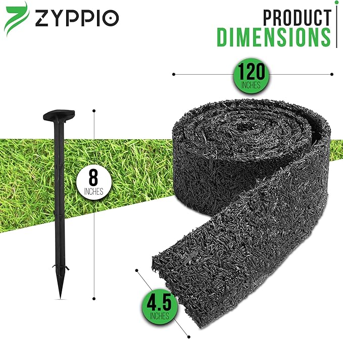 Black Rubber Mulch Border for Landscaping, 10', 120” x 4.5” Roll, Natural-Looking Permanent Garden Barrier for Plants, Vegetables, and Flowers, Recycled and Sustainable, 15 Plastic Anchors Included