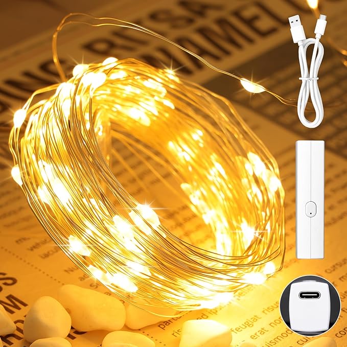 Lakumu 132FT(33 * 4) Fairy Lights Battery Operated, 500mAh Rechargeable String Lights with Timer, LED Twinkle Lights for Bedroom, Christmas Decorations, Wedding, Centerpiece Table Decor, Warm White