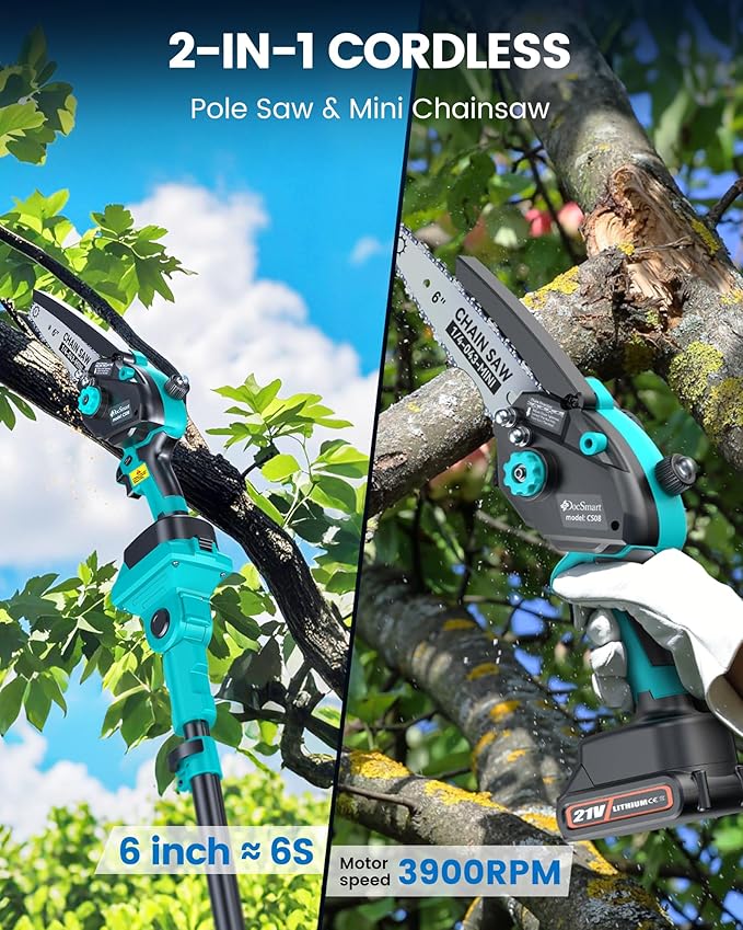Cordless Pole Saw&Mini Chainsaw,2-IN-1 6 inch Electric Handheld Chain Saw with 2pcs 2000mAh Rechargeable Batteries,Pole Saws with Extension Pole for Tree Trimming Wood Cutting,Ideal Gifts for Men Dad