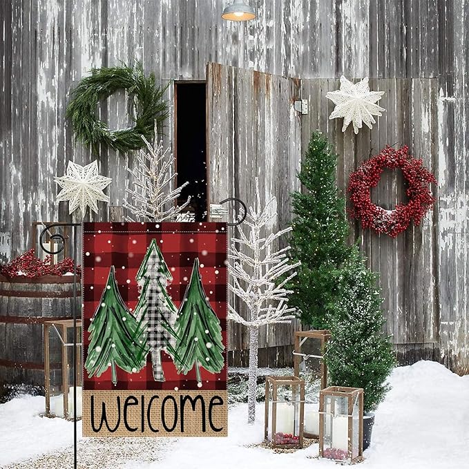 Welcome Red Buffalo Plaid Christmas Trees Garden Flag 12 x 18 Inch Vertical Double Sided Buffalo Plaid Red Holiday Yard Outside Xmas Decor