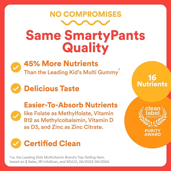 SmartyPants Kids Multivitamin Gummies - Improved Formula: Omega 3 (DHA/EPA), Vitamins D3, C, B12, B6, Vitamin A, K & Zinc, Gluten Free, Cherry Berry Punch Flavors, 60 Count (30 Day Supply)