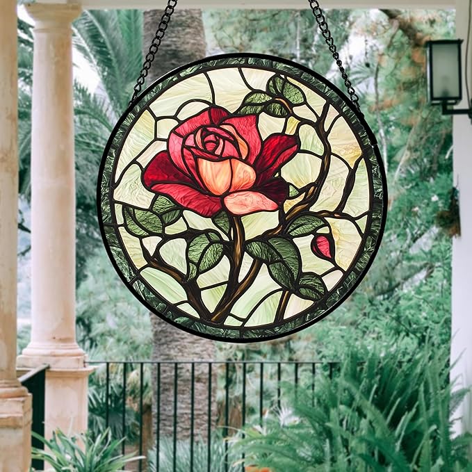 AMDERVEN Stained Glass Window Hanging, Red Rose Flowers Sun Catcher for Door Garden Home Decor Suncatcher Christmas Mother's Day Birthday Gifts for Women Lovers Men Wife Girlfriend Mom Nana 7.8 in