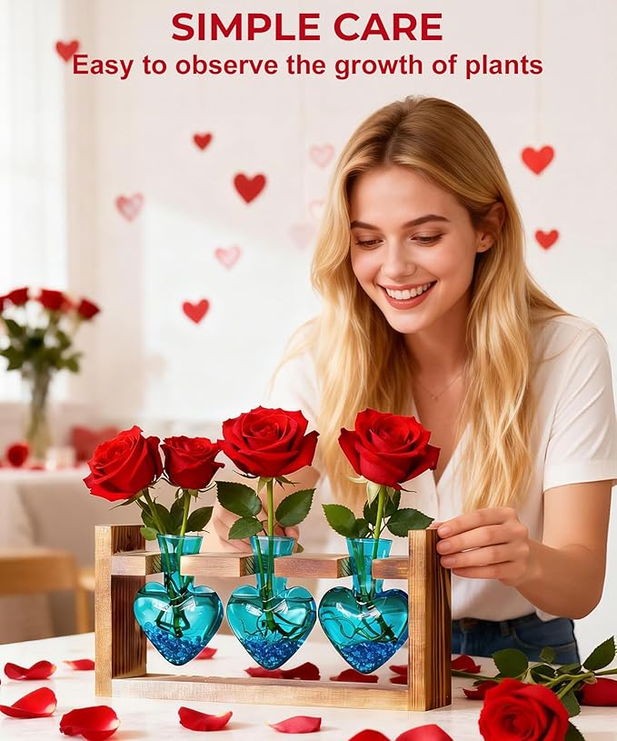 Nacome Plant Terrarium Propagation Stations: Valentines Day Gifts for Her Plant Lovers Women Mom Wife Daughter - 3 Bulb Glass Vase with Wooden Stand Tabletop for Hydroponics Indoor Office Home Decor