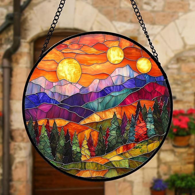 DASTOLL Stained Glass Window Hanging, Sunset Abstract Sun Catchers Colorful Glass Panel Landscape Suncatcher Decor for Birthday for Women, Men, Wife, Aunt, and Mom 7.8 in