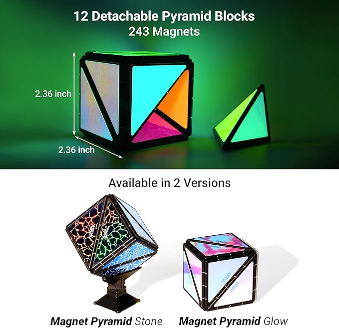 TOSY Magnet Pyramid Stone - 1 Cube Transforms into 1 Billion Shapes, 14 pcs (12 Puzzle pcs and 2 Spinners), 243 Magnets, Christmas Stocking Stuffers Gift for Kids, Creative Puzzle STEM Toy, 2-Pack