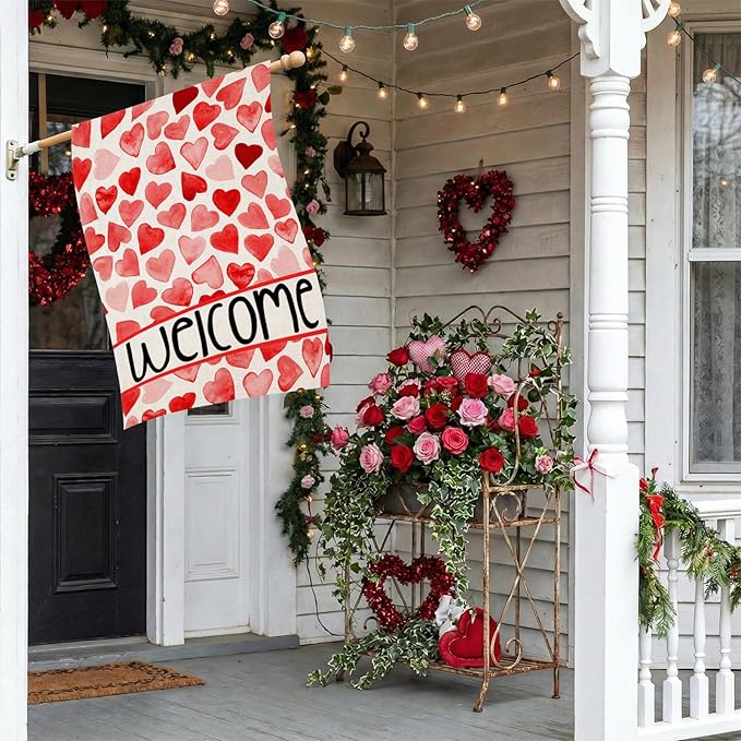 Valentines Love Hearts House Flags for Outdoor Decoration, Welcome Love Hearts Large Yard Flag, Decorative Anniversary Wedding Seasonal Farmhouse Holiday Outside Decor 28x40 Inch Vertical Double Sided