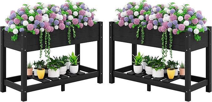 SERWALL Raised Garden Bed with Legs Set of 2, 43"×17"×30" Large HDPE Elevated Planter Box for Vegetables Flower Herb Patio, All Weather Use-Black