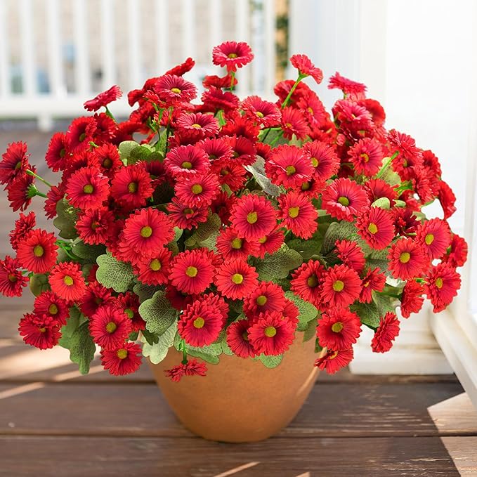 HyeFlora Artificial Dahlia Flowers for Outdoors Faux Plants Spring Decor, 6 Bundles Red Fake Silk Flowers for Outside Realistic UV Resistant for Planter Front Door Porch Patio Balcony Yard Home