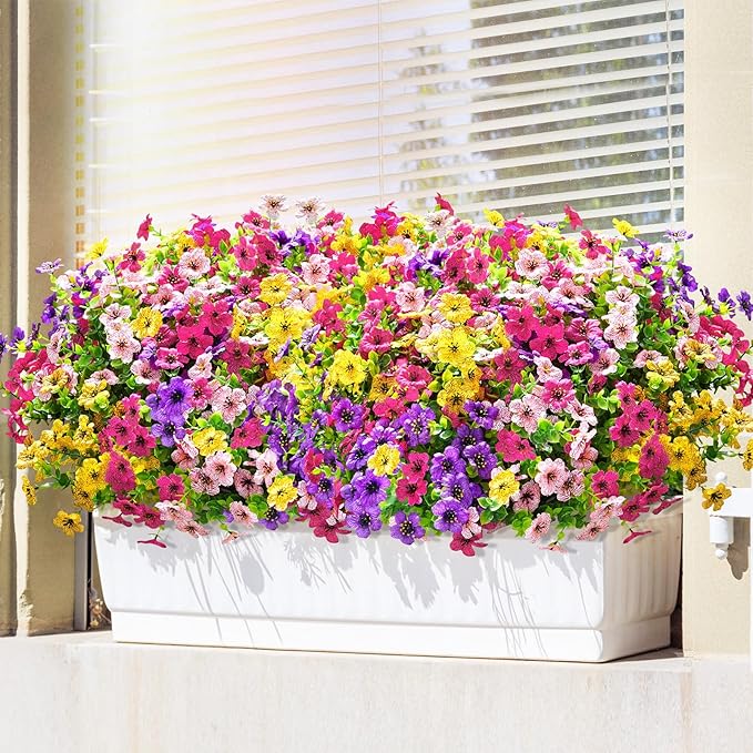 Elyum Artificial Flowers for Outdoors, 18 Bundles Artificial Flowers for Decoration, UV Resistant Fake Outdoor Flowers Artificial Plants for Outside Garden Porch Patio Yard Decor